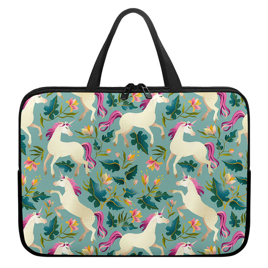 Floral Unicorn Pattern Print Laptop Sleeve With Handle