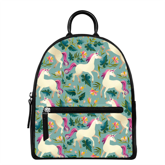 Floral Unicorn Pattern Print Leather Backpack