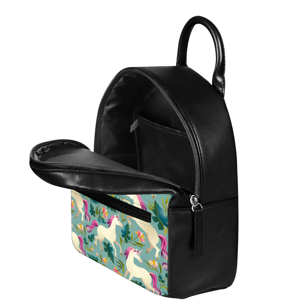 Floral Unicorn Pattern Print Leather Backpack