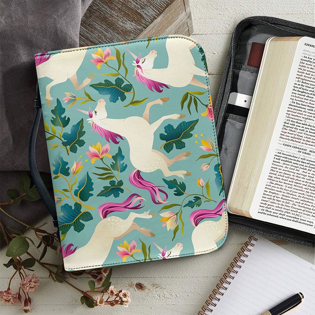 Floral Unicorn Pattern Print Leather Bible Cover