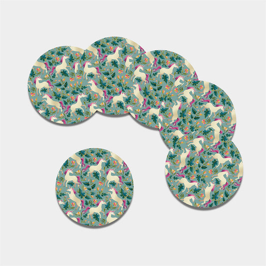 Floral Unicorn Pattern Print Leather Coaster Set