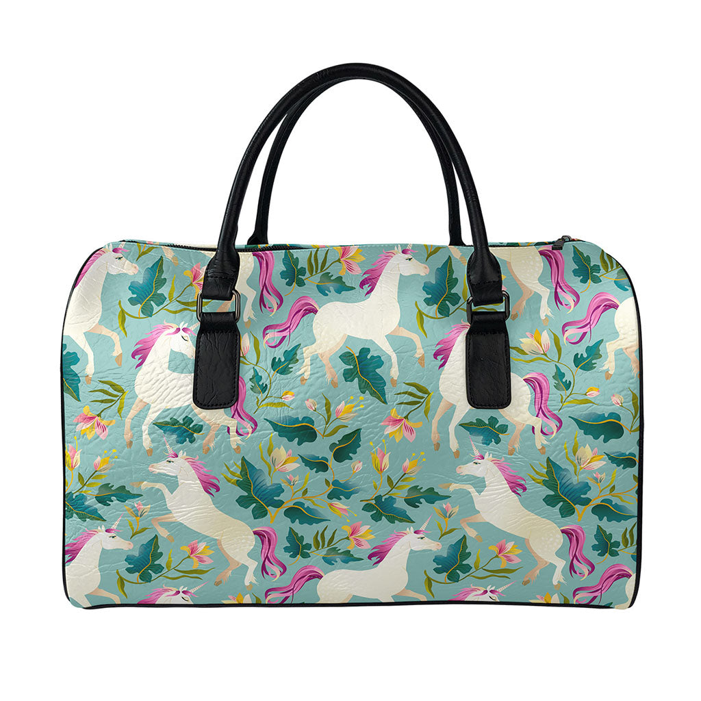 Floral Unicorn Pattern Print Leather Duffle Bag
