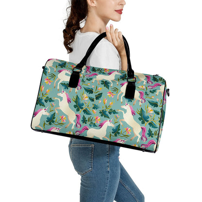 Floral Unicorn Pattern Print Leather Duffle Bag