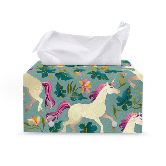 Floral Unicorn Pattern Print Leather Tissue Box Cover