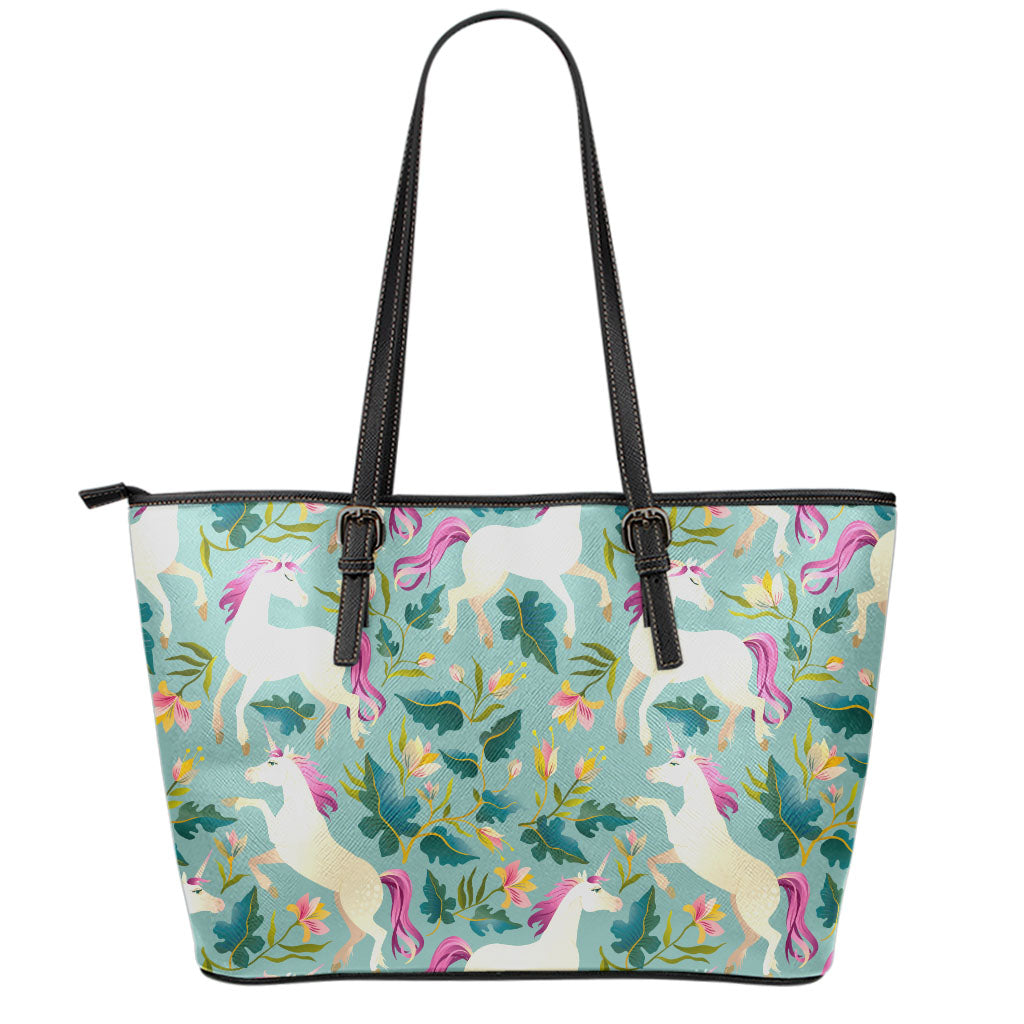 Floral Unicorn Pattern Print Leather Tote Bag
