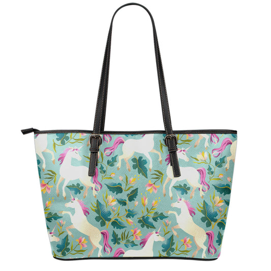 Floral Unicorn Pattern Print Leather Tote Bag
