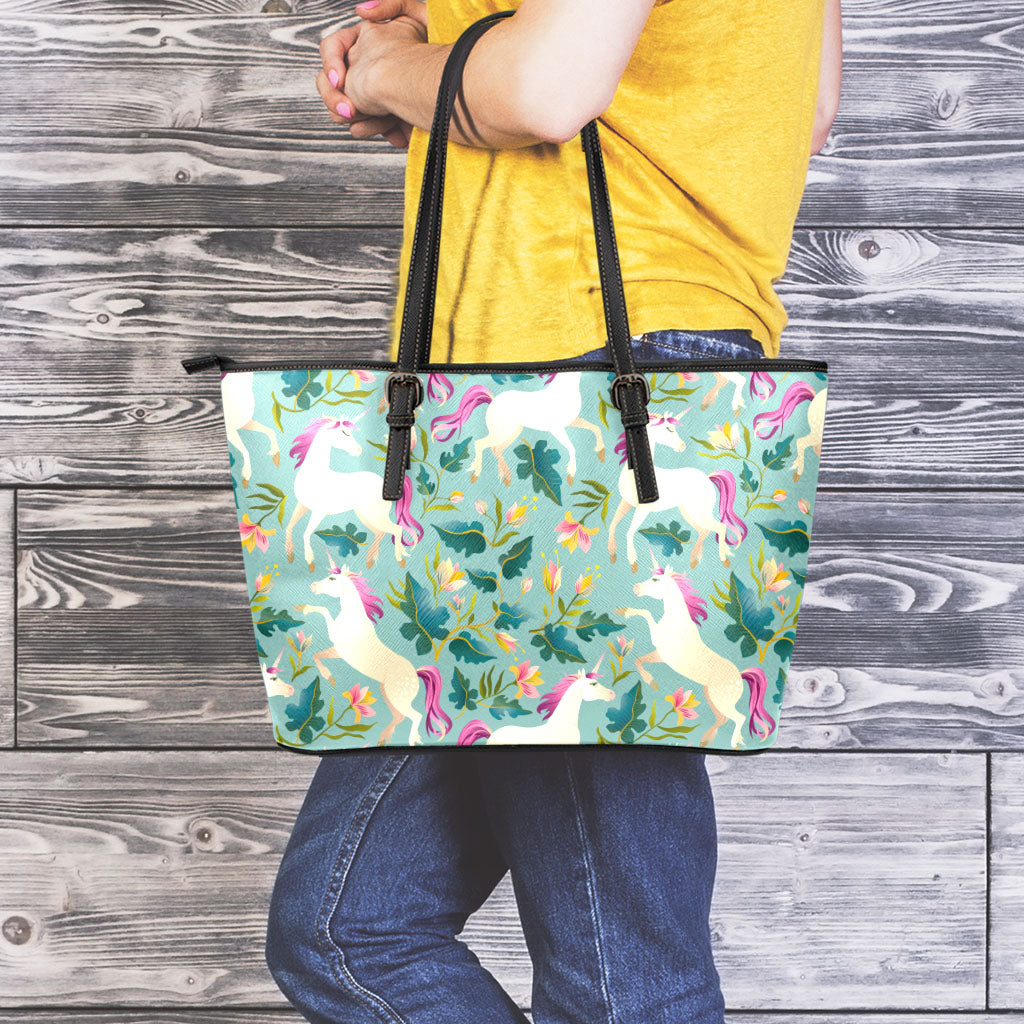 Floral Unicorn Pattern Print Leather Tote Bag