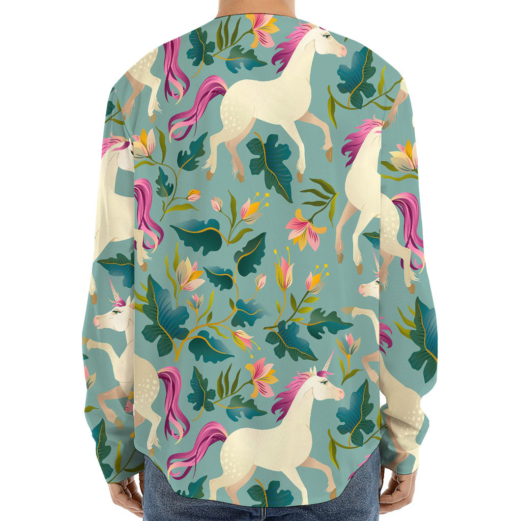 Floral Unicorn Pattern Print Long Sleeve Baseball Jersey