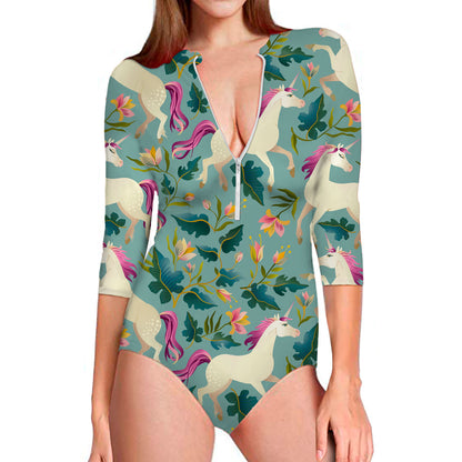 Floral Unicorn Pattern Print Long Sleeve Swimsuit