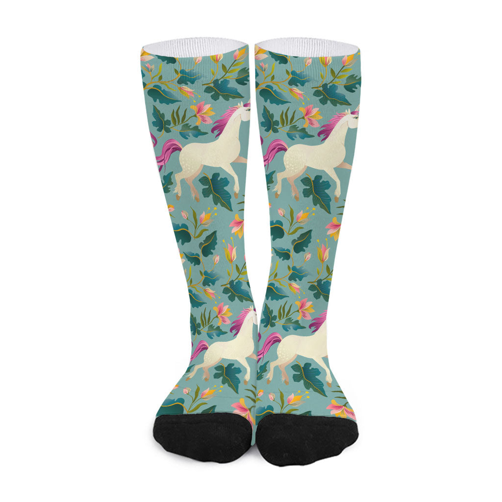 Floral Unicorn Pattern Print Long Socks