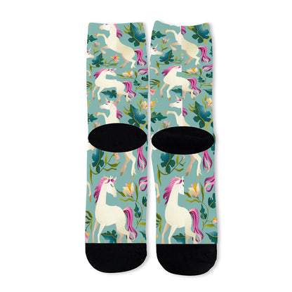 Floral Unicorn Pattern Print Long Socks