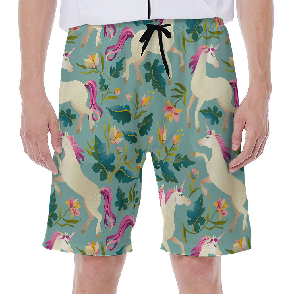 Floral Unicorn Pattern Print Men's Beach Shorts