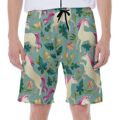 Floral Unicorn Pattern Print Men's Beach Shorts