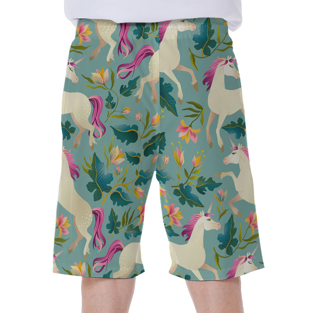 Floral Unicorn Pattern Print Men's Beach Shorts