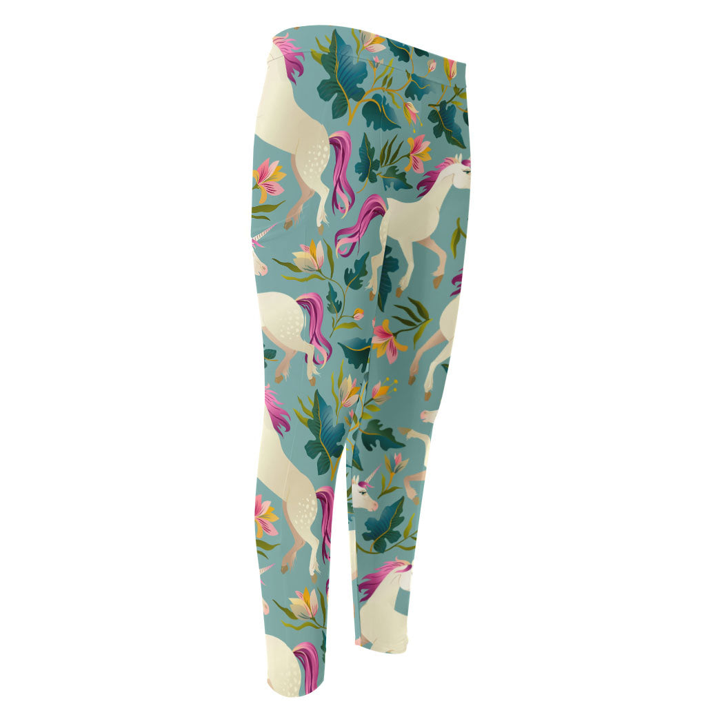 Floral Unicorn Pattern Print Men's Compression Pants