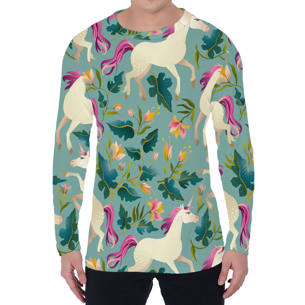 Floral Unicorn Pattern Print Men's Long Sleeve T-Shirt