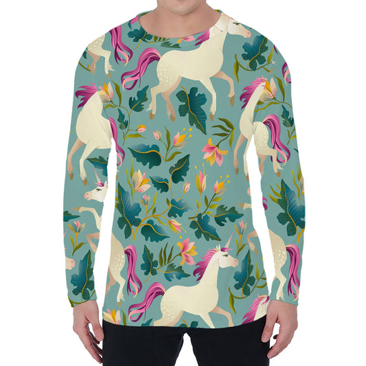 Floral Unicorn Pattern Print Men's Long Sleeve T-Shirt