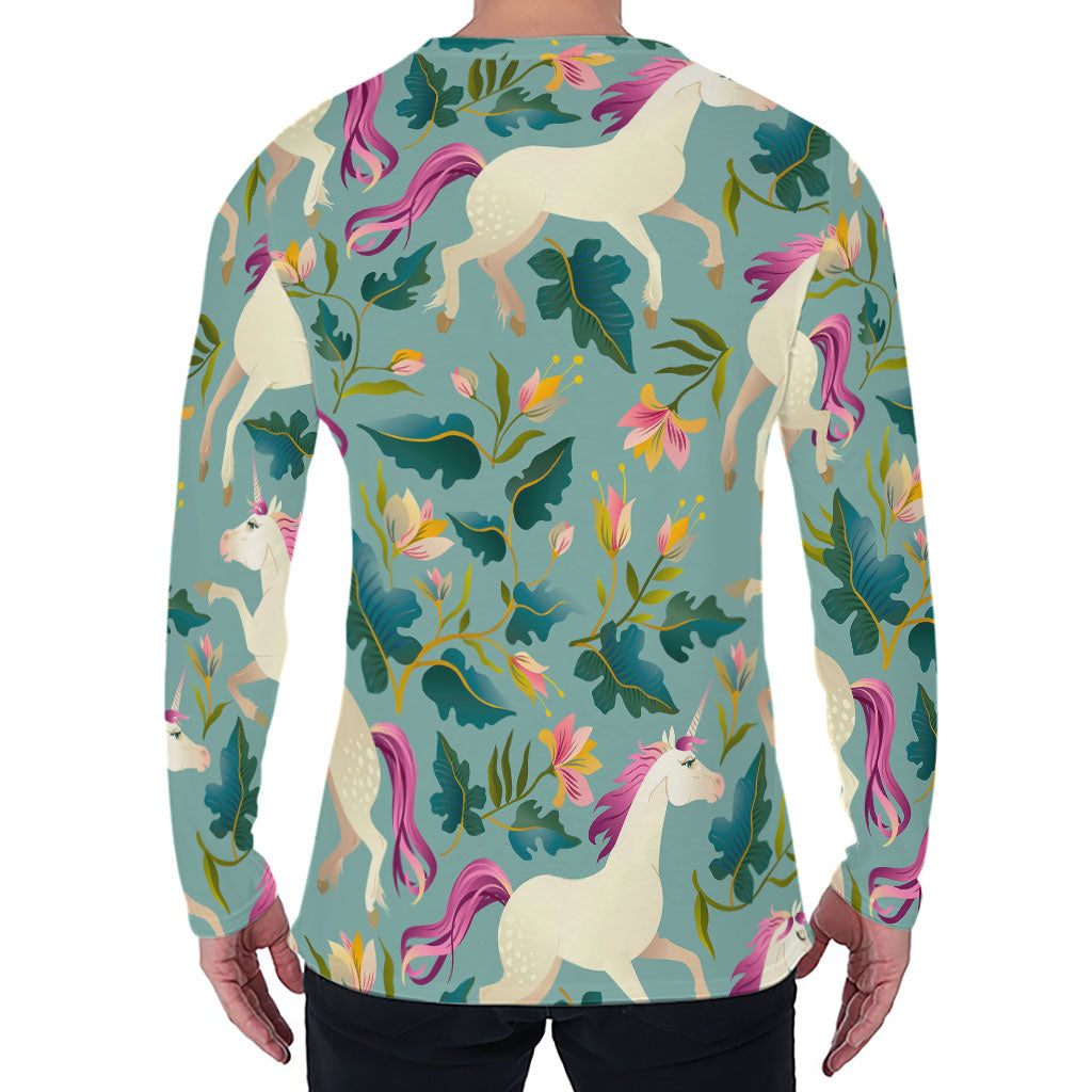 Floral Unicorn Pattern Print Men's Long Sleeve T-Shirt