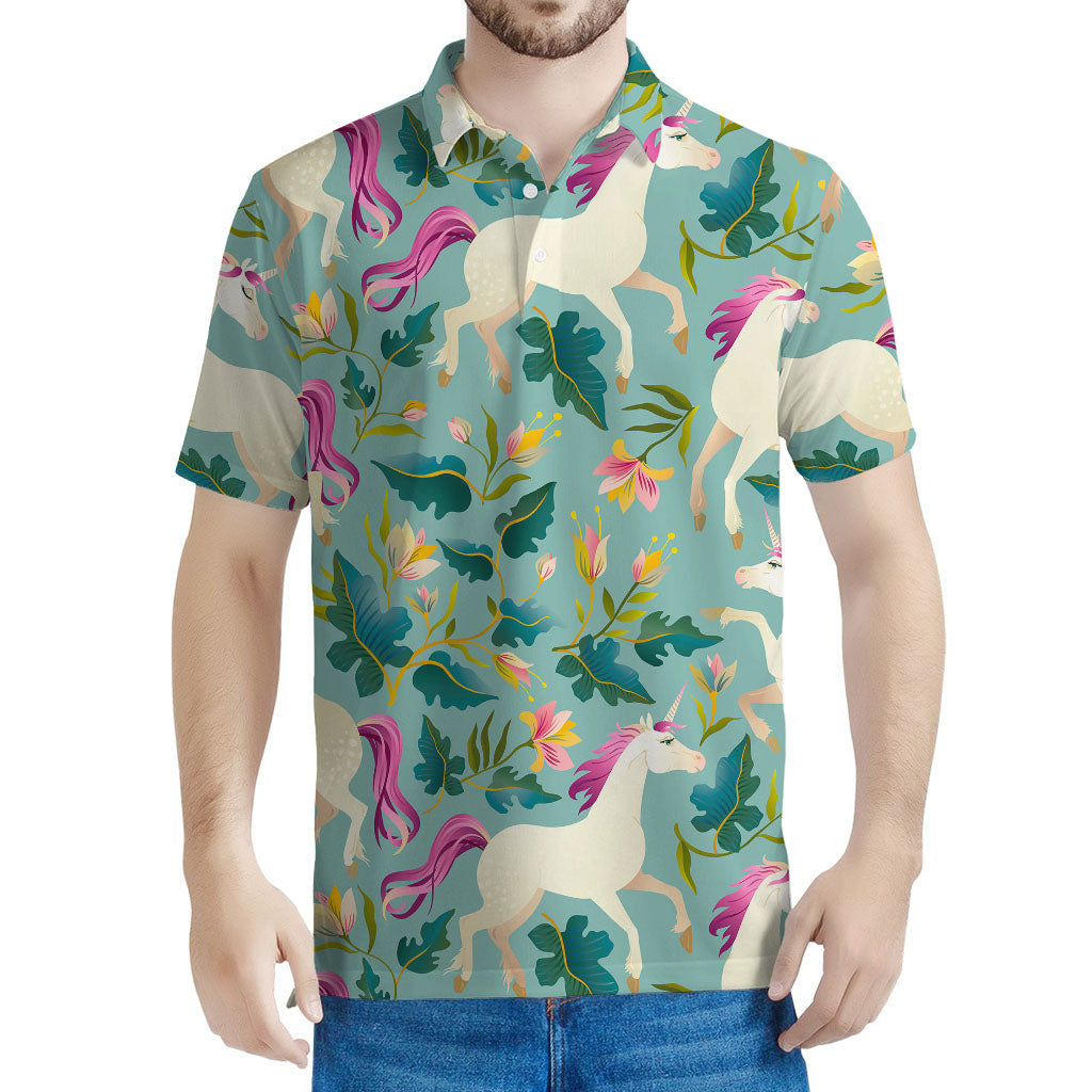 Floral Unicorn Pattern Print Men's Polo Shirt