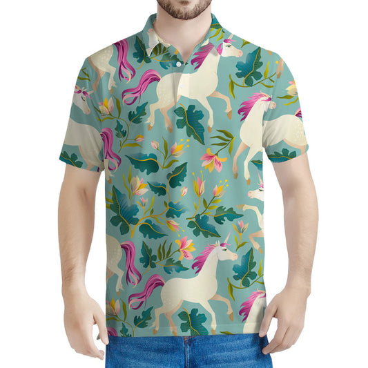 Floral Unicorn Pattern Print Men's Polo Shirt