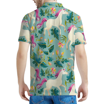 Floral Unicorn Pattern Print Men's Polo Shirt
