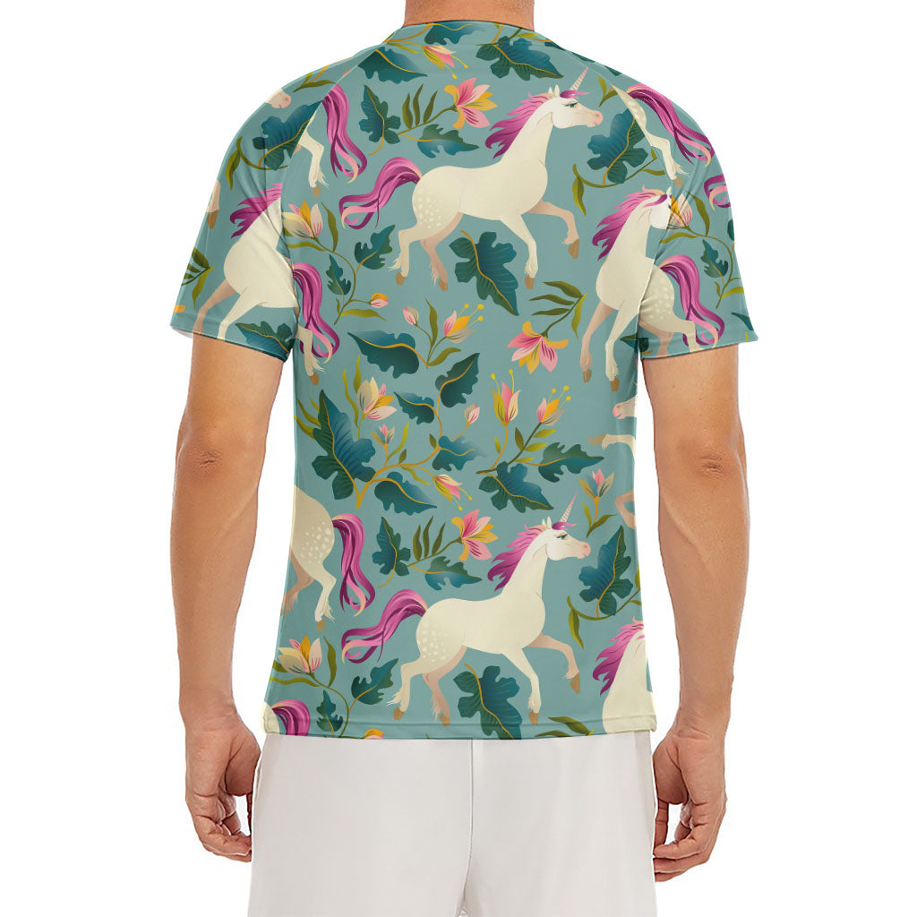 Floral Unicorn Pattern Print Men's Short Sleeve Rash Guard