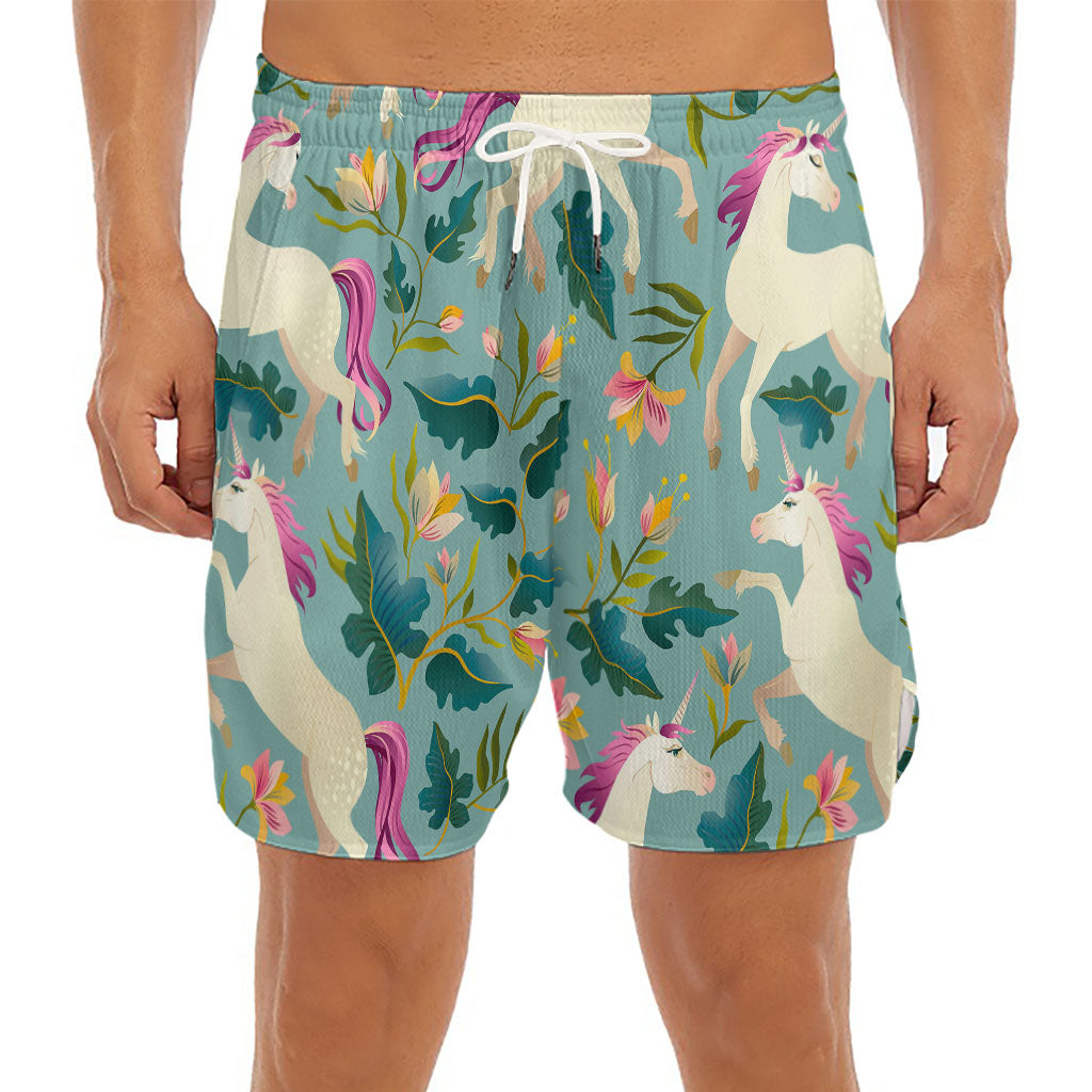 Floral Unicorn Pattern Print Men's Split Running Shorts