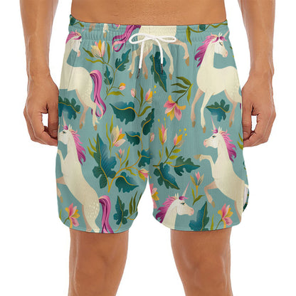 Floral Unicorn Pattern Print Men's Split Running Shorts