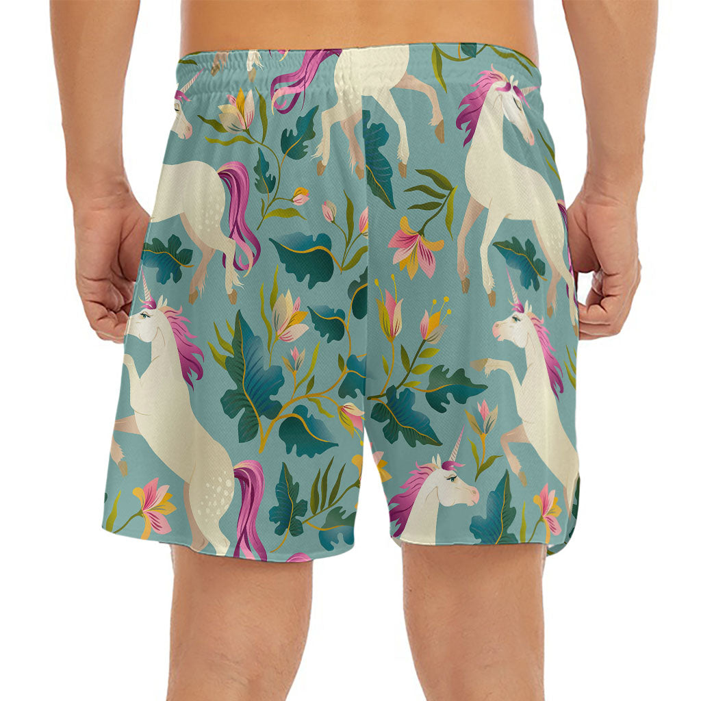 Floral Unicorn Pattern Print Men's Split Running Shorts