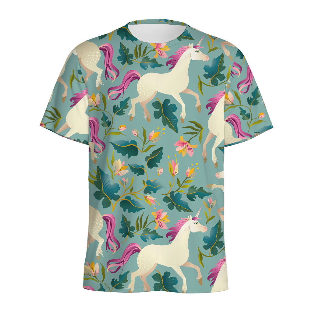 Floral Unicorn Pattern Print Men's Sports T-Shirt