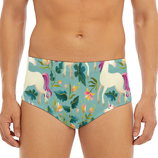 Floral Unicorn Pattern Print Men's Triangle Swim Briefs