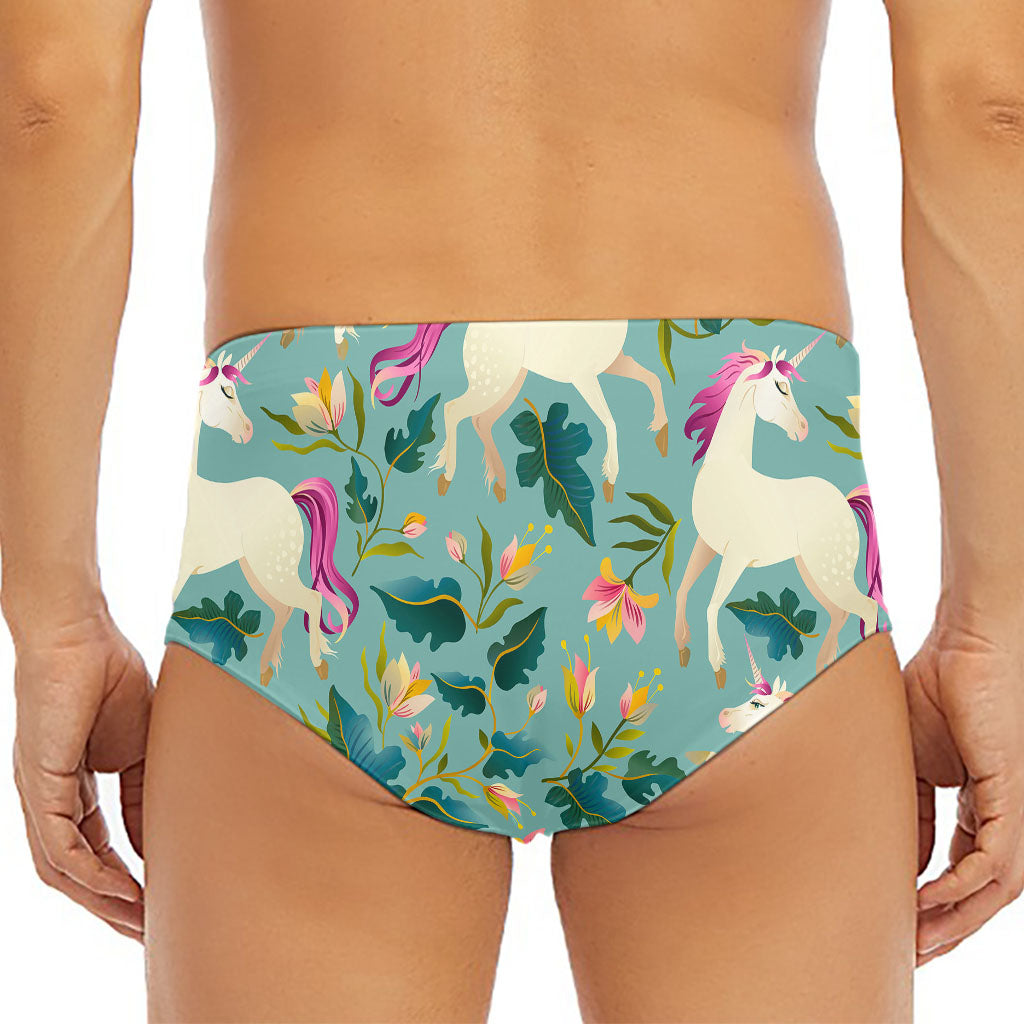 Floral Unicorn Pattern Print Men's Triangle Swim Briefs