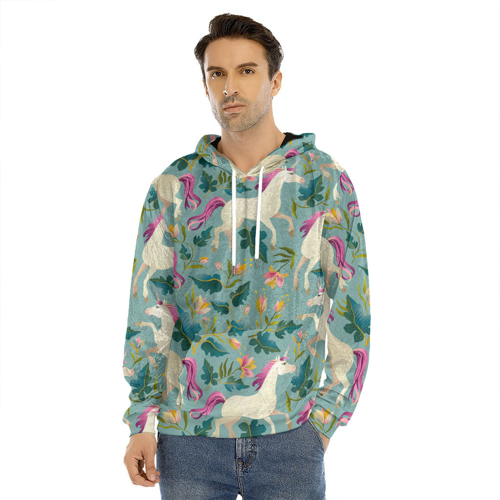 Floral Unicorn Pattern Print Men's Velvet Pullover Hoodie
