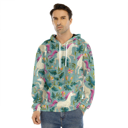 Floral Unicorn Pattern Print Men's Velvet Pullover Hoodie