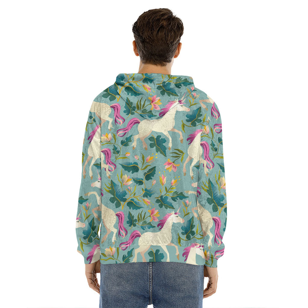 Floral Unicorn Pattern Print Men's Velvet Pullover Hoodie