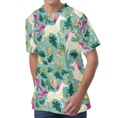 Floral Unicorn Pattern Print Men's Velvet T-Shirt