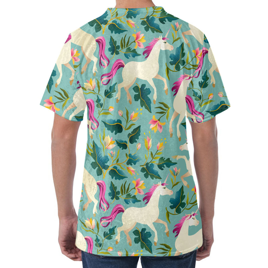 Floral Unicorn Pattern Print Men's Velvet T-Shirt