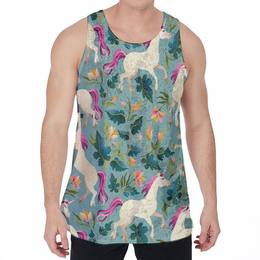 Floral Unicorn Pattern Print Men's Velvet Tank Top