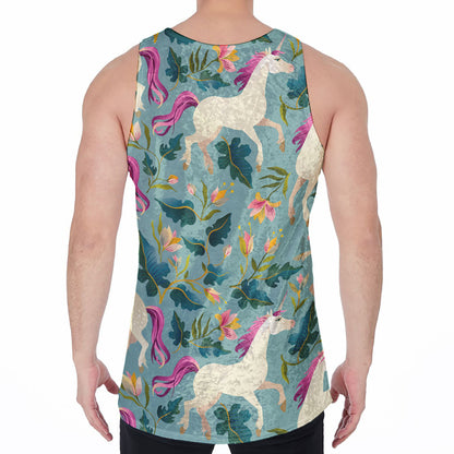 Floral Unicorn Pattern Print Men's Velvet Tank Top