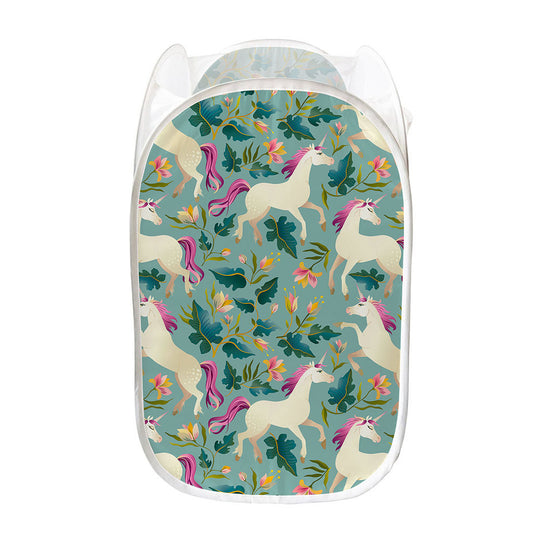 Floral Unicorn Pattern Print Mesh Laundry Hamper
