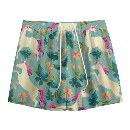 Floral Unicorn Pattern Print Mesh Shorts