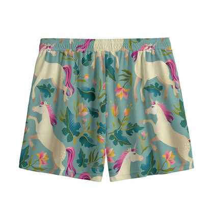 Floral Unicorn Pattern Print Mesh Shorts
