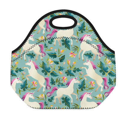 Floral Unicorn Pattern Print Neoprene Lunch Bag