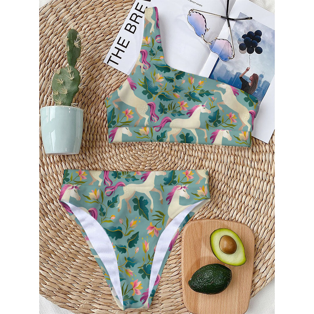 Floral Unicorn Pattern Print One Shoulder Bikini Top