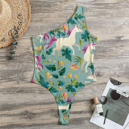 Floral Unicorn Pattern Print One Shoulder Bodysuit