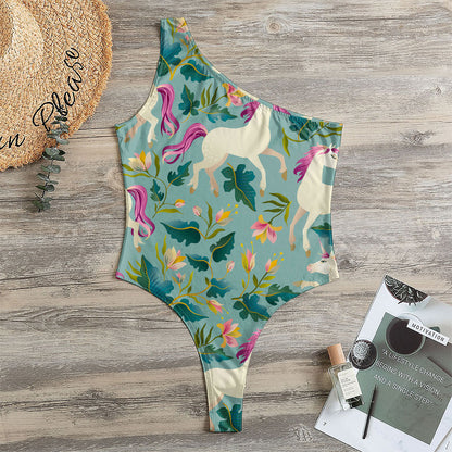 Floral Unicorn Pattern Print One Shoulder Bodysuit