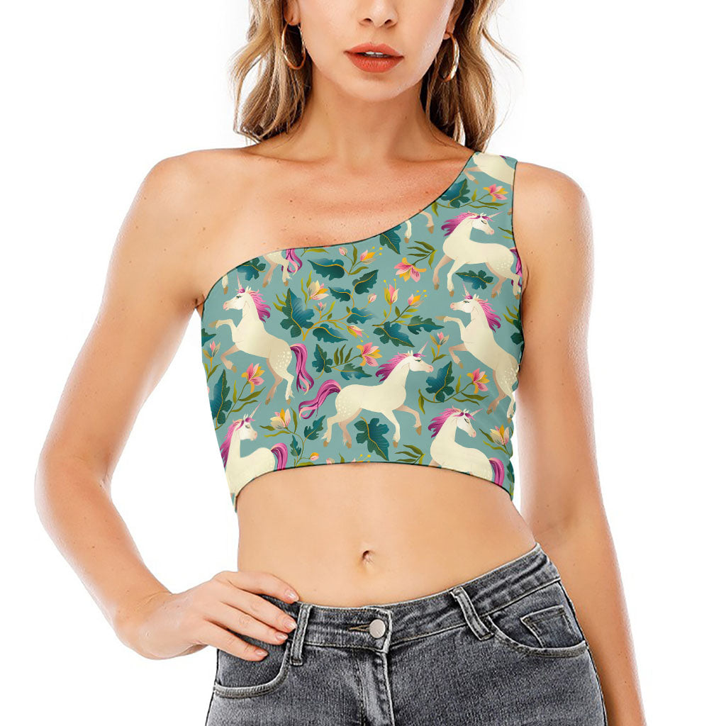 Floral Unicorn Pattern Print One Shoulder Crop Top