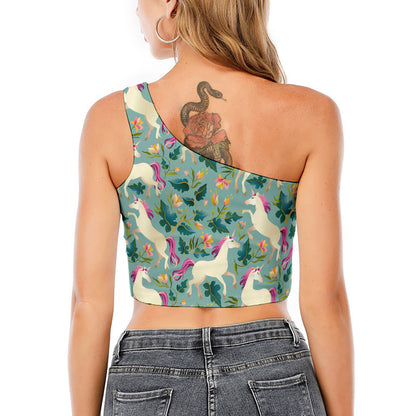 Floral Unicorn Pattern Print One Shoulder Crop Top