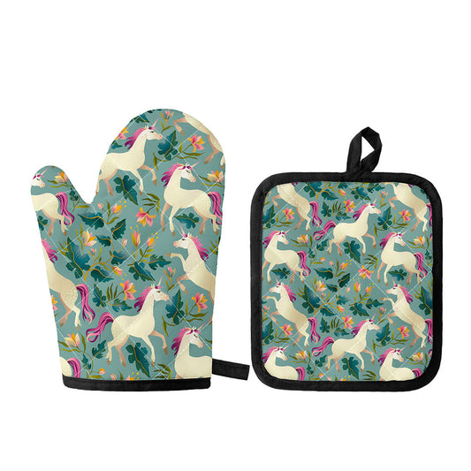 Floral Unicorn Pattern Print Oven Mitt And Pot Holder Set