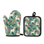 Floral Unicorn Pattern Print Oven Mitt And Pot Holder Set
